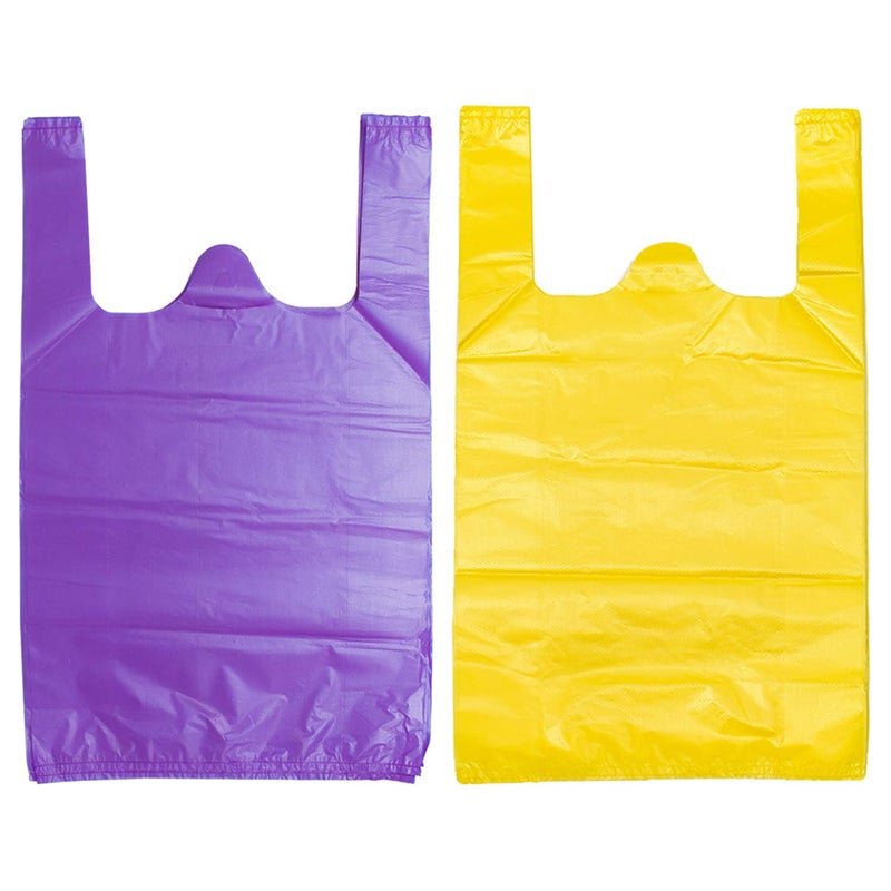 LazyMe LazyMe T Shirt Bags Plastic Grocery Bags with Handles in Bulk for Shopping and Restaurant Bolsas De Plastico Para Negocio 12 x 20 Inches Purple 50 PcsYellow 50 Pcs