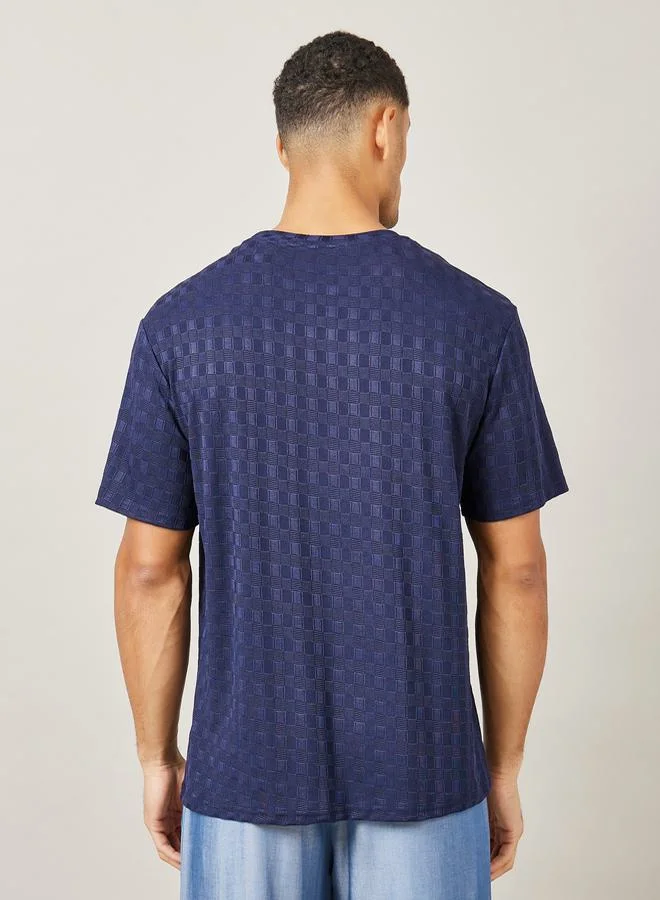 Styli Premium Check Pattern Textured Knit Relaxed Fit T-Shirt