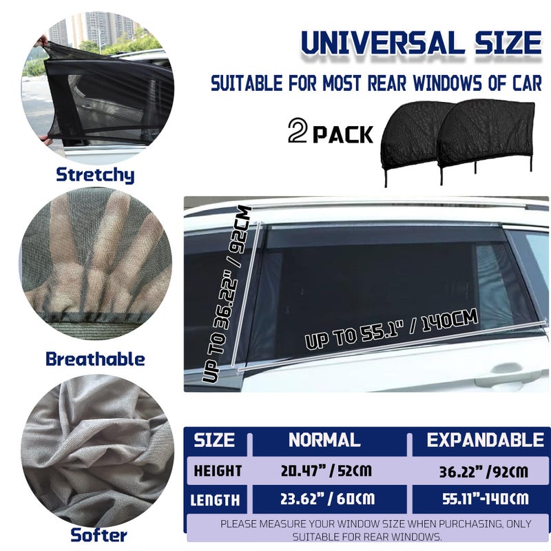 OUTTDID Car Rear Window Screens for Side Windows, 2 Pack Side Window Sun Shades,Stretchy Mosquito Net Cover Fit Cars SUVs - Up to 36.22â€x55.1â€ - Image 2