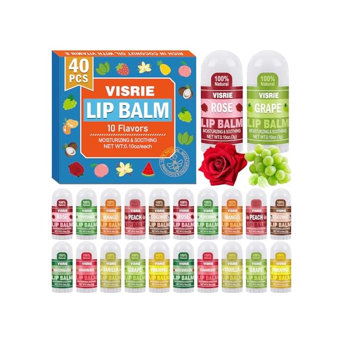 VISRIE 40 Pack Mini Lip Balm Bulk, Natural Lip Balm with Vitamin E & Beeswax, Moisturizing Lip Care for Dry Lips, Perfect for Party Favors, Care Packages & Small Gifts