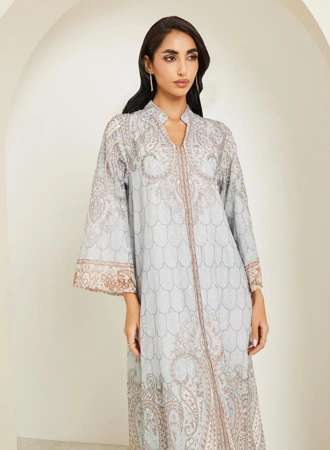 Amirah Women Printed Jalabiya with Rhinestone Embellishment