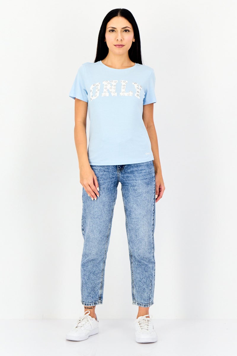 ONLY Women Crew Neck Brand Logo Short Sleeve T-Shirt, Blue - Image 2