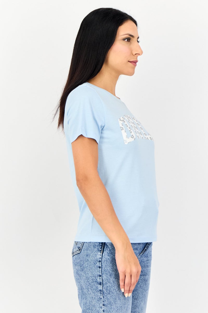 ONLY Women Crew Neck Brand Logo Short Sleeve T-Shirt, Blue - Image 4