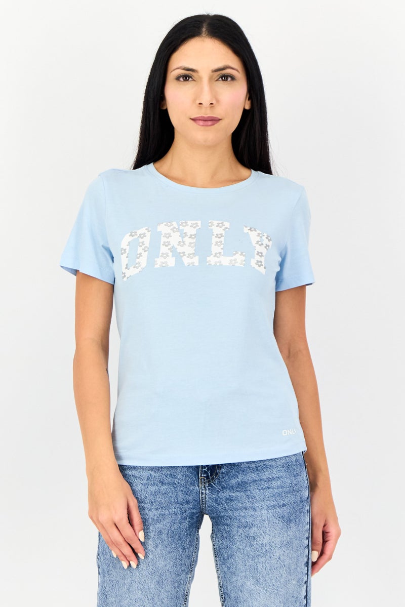 ONLY Women Crew Neck Brand Logo Short Sleeve T-Shirt, Blue - Image 1