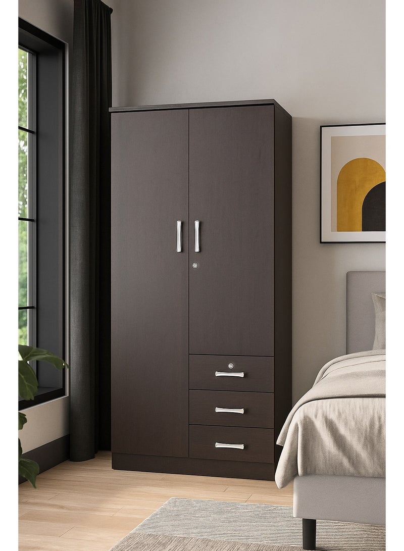 AFT Elegant dark brown 2 Door Wardrobe with Full-Length Metal Hanging Rod, 3 Spacious Drawers with Metal Runners, MDF Board Construction, Ergonomic Metal Handles, and Durable Hinges – Ideal for Modern Storage Solutions. Dark Brown (Arfan) - Image 1
