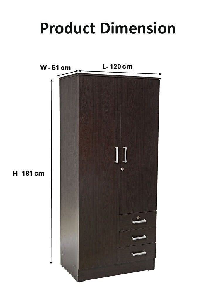 AFT Elegant dark brown 2 Door Wardrobe with Full-Length Metal Hanging Rod, 3 Spacious Drawers with Metal Runners, MDF Board Construction, Ergonomic Metal Handles, and Durable Hinges – Ideal for Modern Storage Solutions. Dark Brown (Arfan) - Image 5
