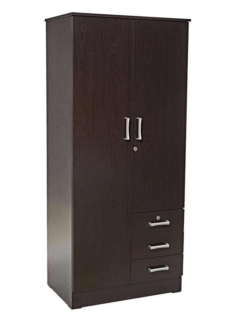 AFT Elegant dark brown 2 Door Wardrobe with Full-Length Metal Hanging Rod, 3 Spacious Drawers with Metal Runners, MDF Board Construction, Ergonomic Metal Handles, and Durable Hinges – Ideal for Modern Storage Solutions. Dark Brown (Arfan) - Image 4