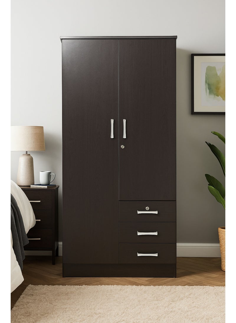 AFT Elegant dark brown 2 Door Wardrobe with Full-Length Metal Hanging Rod, 3 Spacious Drawers with Metal Runners, MDF Board Construction, Ergonomic Metal Handles, and Durable Hinges – Ideal for Modern Storage Solutions. Dark Brown (Arfan) - Image 2