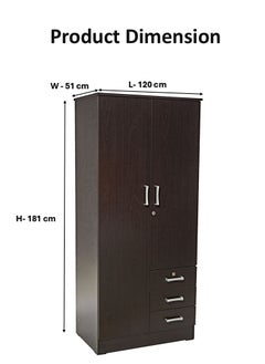 AFT Elegant White 2 Door Wardrobe with Full-Length Metal Hanging Rod, 3 Spacious Drawers with Metal Runners, MDF Board Construction, Ergonomic Metal Handles, and Durable Hinges – Ideal for Modern Storage Solutions. Dark Brown (Arfan)  - Image 3