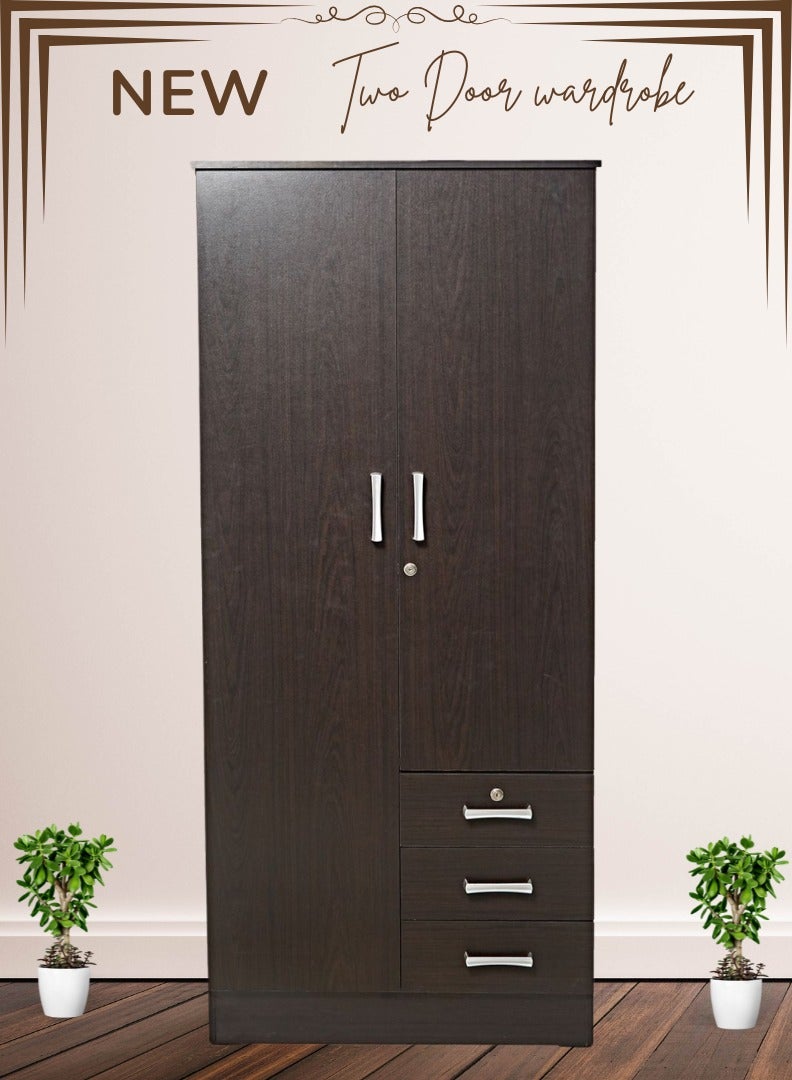 AFT Elegant White 2 Door Wardrobe with Full-Length Metal Hanging Rod, 3 Spacious Drawers with Metal Runners, MDF Board Construction, Ergonomic Metal Handles, and Durable Hinges – Ideal for Modern Storage Solutions. Dark Brown (Arfan) - Image 1