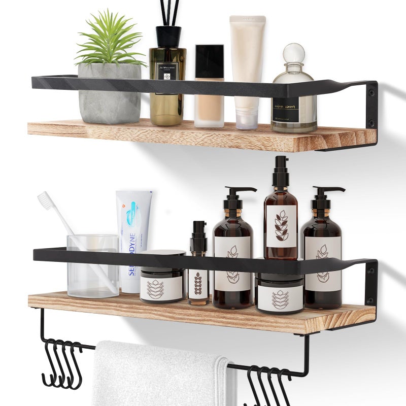 Uten Floating Shelves Wall Mounted Shelf Light Brown Wood Wall Shelves Wooden Shelves Set Spirit Level Towel Bar 8 Hooks for Bedroom Bathroom Living Room Kitchen Office