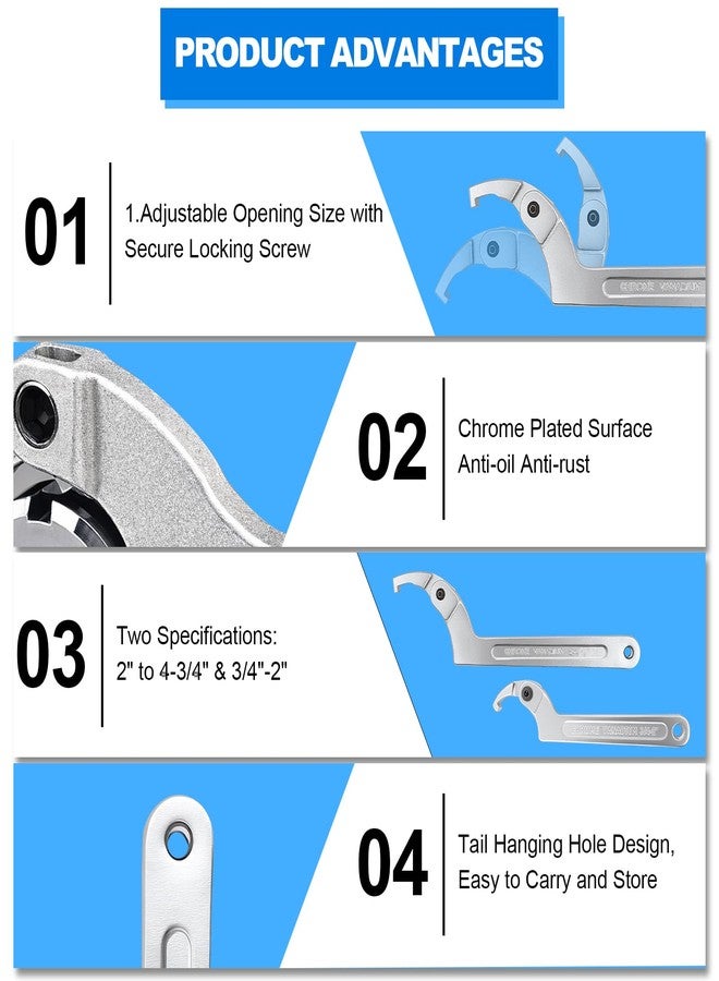 Wadoy Adjustable C Spanner Hook Wrench Chrome Vanadium 3/4-2"(19-51Mm)+2-4 3/4"(51-121Mm) Spanner Set-Used to Tighten Side Slot Nuts on Collars, Lock Nuts and Bearings - Image 4