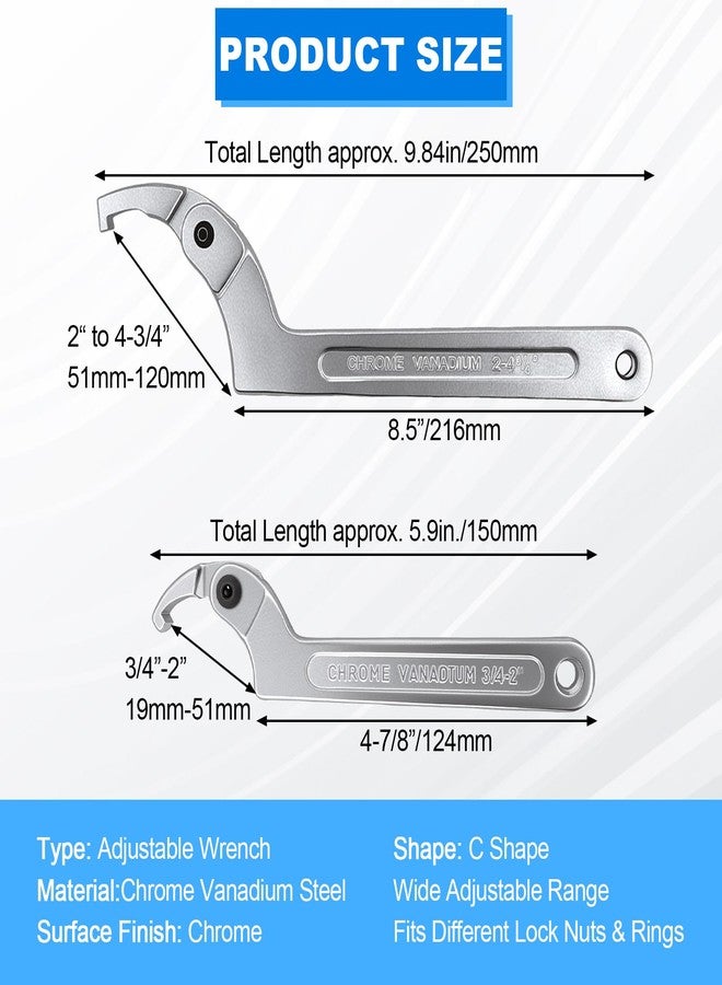 Wadoy Adjustable C Spanner Hook Wrench Chrome Vanadium 3/4-2"(19-51Mm)+2-4 3/4"(51-121Mm) Spanner Set-Used to Tighten Side Slot Nuts on Collars, Lock Nuts and Bearings - Image 2