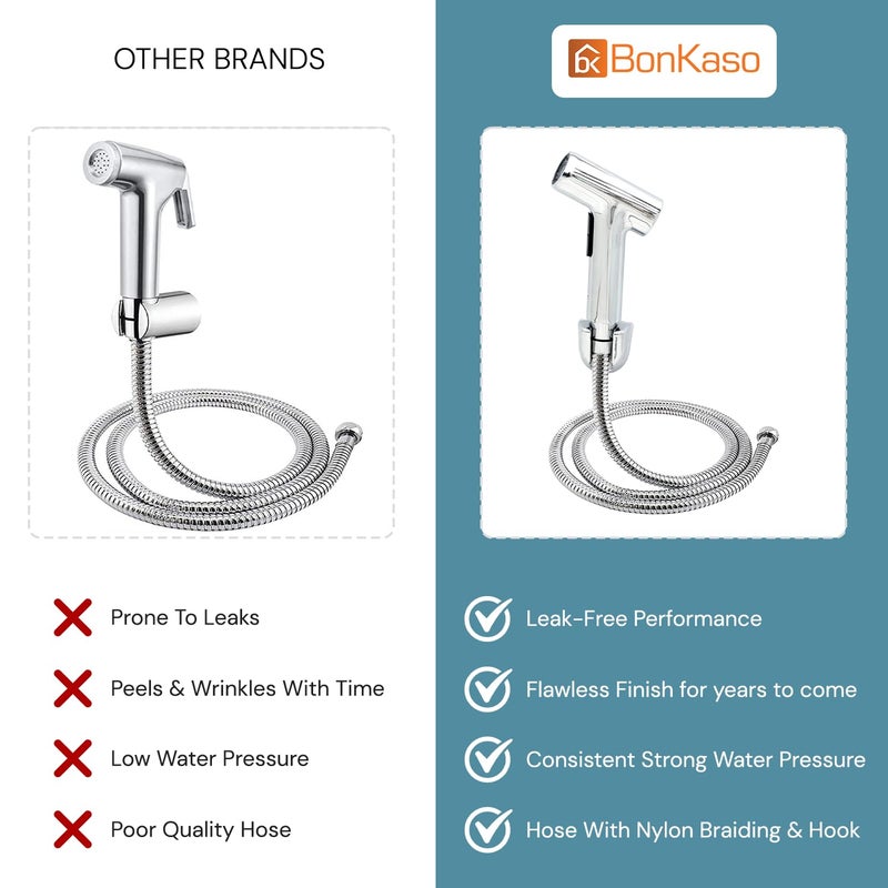 BonKaso صنبور صحي BonKaso ABS مع 2 وضعيات لرش الماء للمرحاض، رشاش يدوي بضغط عالي، أوضاع تدفق ناعمة، مقاوم للتسرب، زر ضغط، خرطوم من الفولاذ المقاوم للصدأ بطول 1 متر، أنبوب مرن - Image 5
