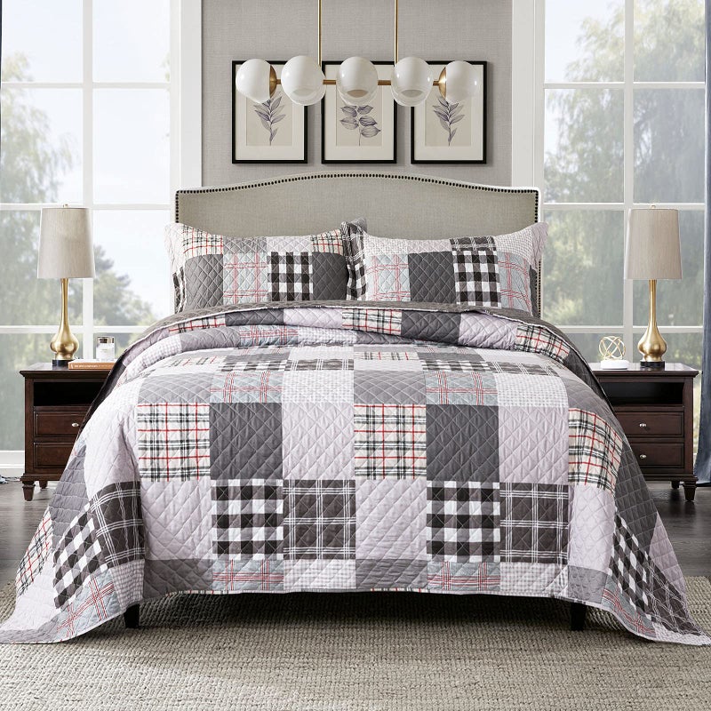 Travan Quilt Set 3-Piece Oversized Quilted Bedspread Coverlet Set Grey European British Grid Patchwork Bedding Set, King Size - Image 1