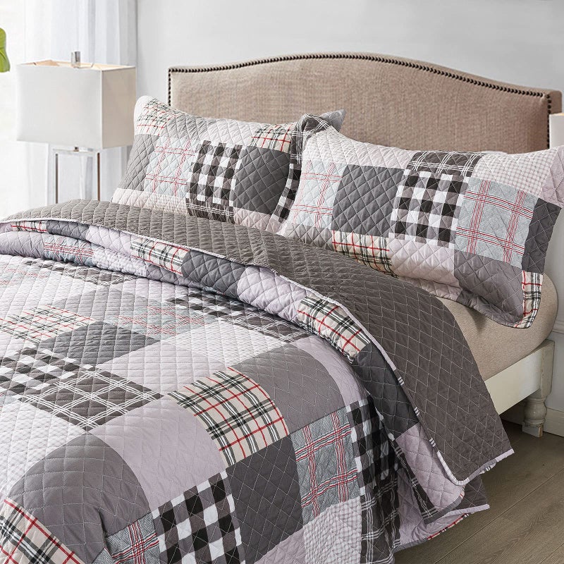 Travan Quilt Set 3-Piece Oversized Quilted Bedspread Coverlet Set Grey European British Grid Patchwork Bedding Set, King Size - Image 2