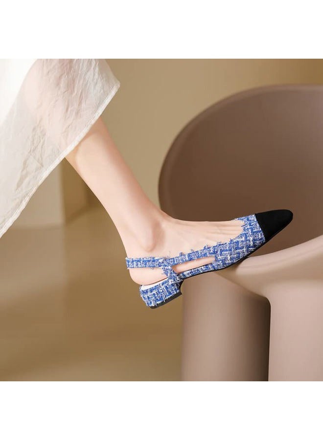 MICIFA Women's Slingback Flat Pumps, Round Toe Low Heel Sandals Splicing Dress Shoes for Women, Fabric Blue, 8 - Image 4