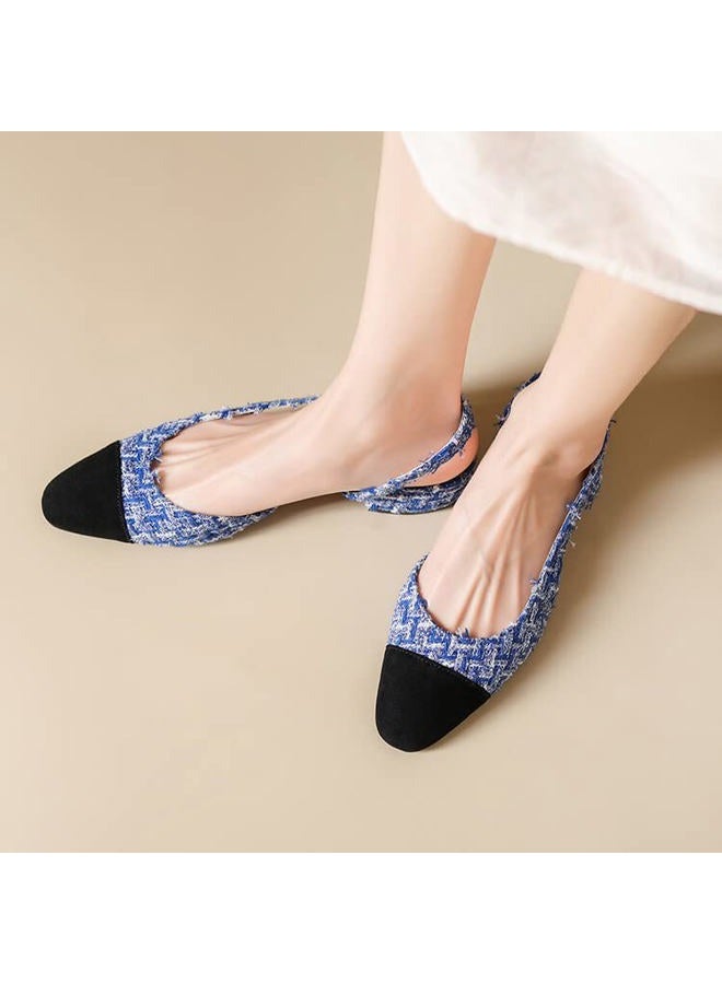 MICIFA Women's Slingback Flat Pumps, Round Toe Low Heel Sandals Splicing Dress Shoes for Women, Fabric Blue, 8 - Image 2