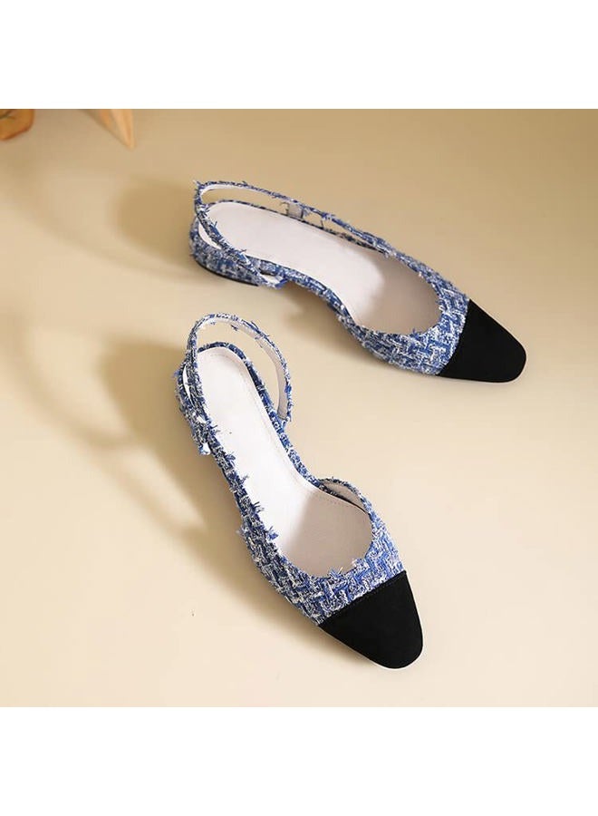 MICIFA Women's Slingback Flat Pumps, Round Toe Low Heel Sandals Splicing Dress Shoes for Women, Fabric Blue, 8 - Image 3