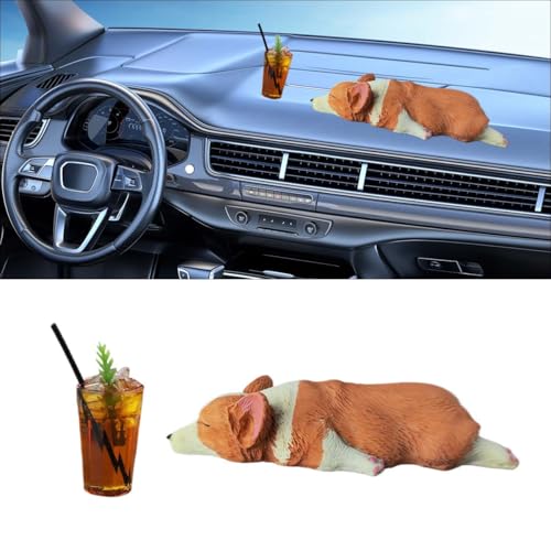 BDZMC Cute Dog Car Rearview Mirror Accessories Sleeping Corgi Car Dashboard Decoration with Ice Coffee Resin Car Ornament Funny Automotive Mirror Accessories for Home Office Ice Coffee - Image 1