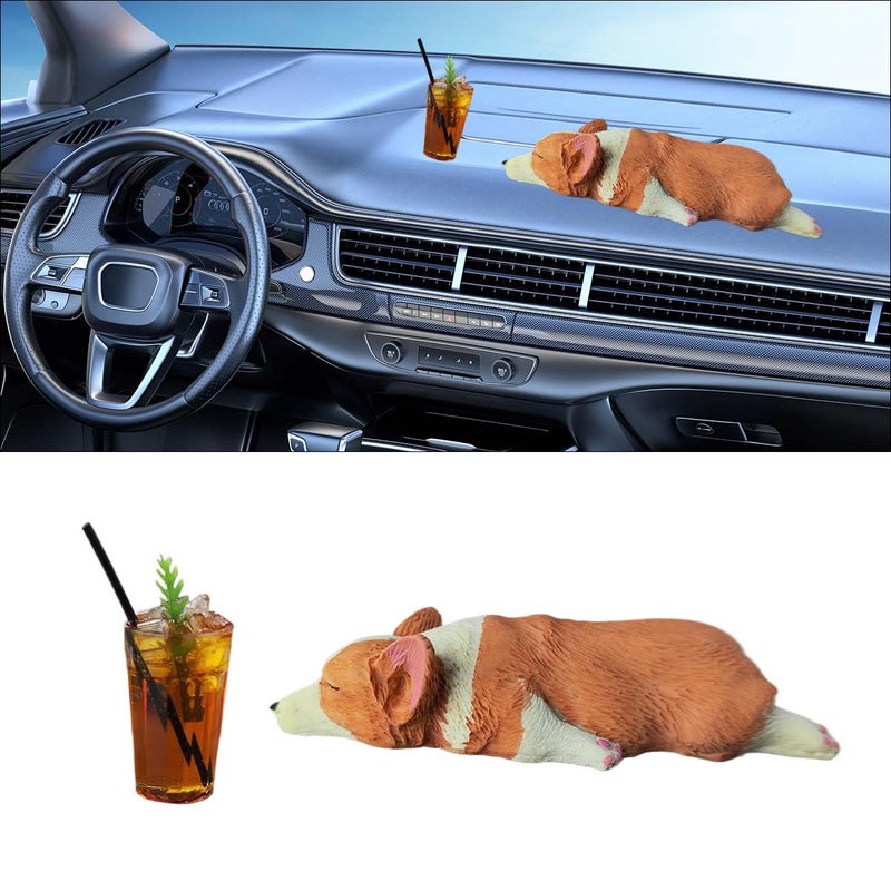 BDZMC Cute Dog Car Rearview Mirror Accessories Sleeping Corgi Car Dashboard Decoration with Ice Coffee Resin Car Ornament Funny Automotive Mirror Accessories for Home Office Ice Coffee - Image 3