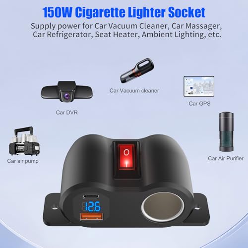 Hapytrip 2-in-1 Surface Mount 12V USB Outlet Cigarette Lighter Socket, PD 30W and QC18W Car USB Port Car Charger with Button Switch LED Voltmeter and 120W Socket, Suitable for Cars, Boats, RVs and ATVs - Image 3