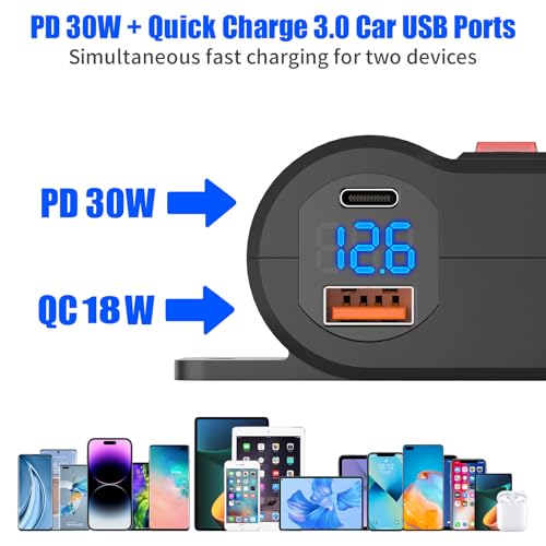 Hapytrip 2-in-1 Surface Mount 12V USB Outlet Cigarette Lighter Socket, PD 30W and QC18W Car USB Port Car Charger with Button Switch LED Voltmeter and 120W Socket, Suitable for Cars, Boats, RVs and ATVs - Image 2