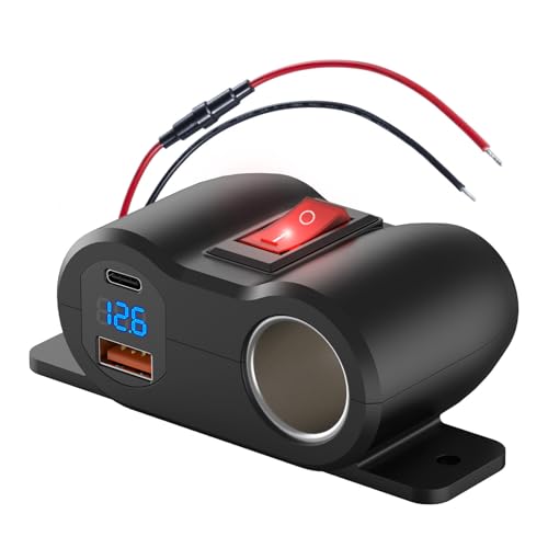 Hapytrip 2-in-1 Surface Mount 12V USB Outlet Cigarette Lighter Socket, PD 30W and QC18W Car USB Port Car Charger with Button Switch LED Voltmeter and 120W Socket, Suitable for Cars, Boats, RVs and ATVs - Image 1