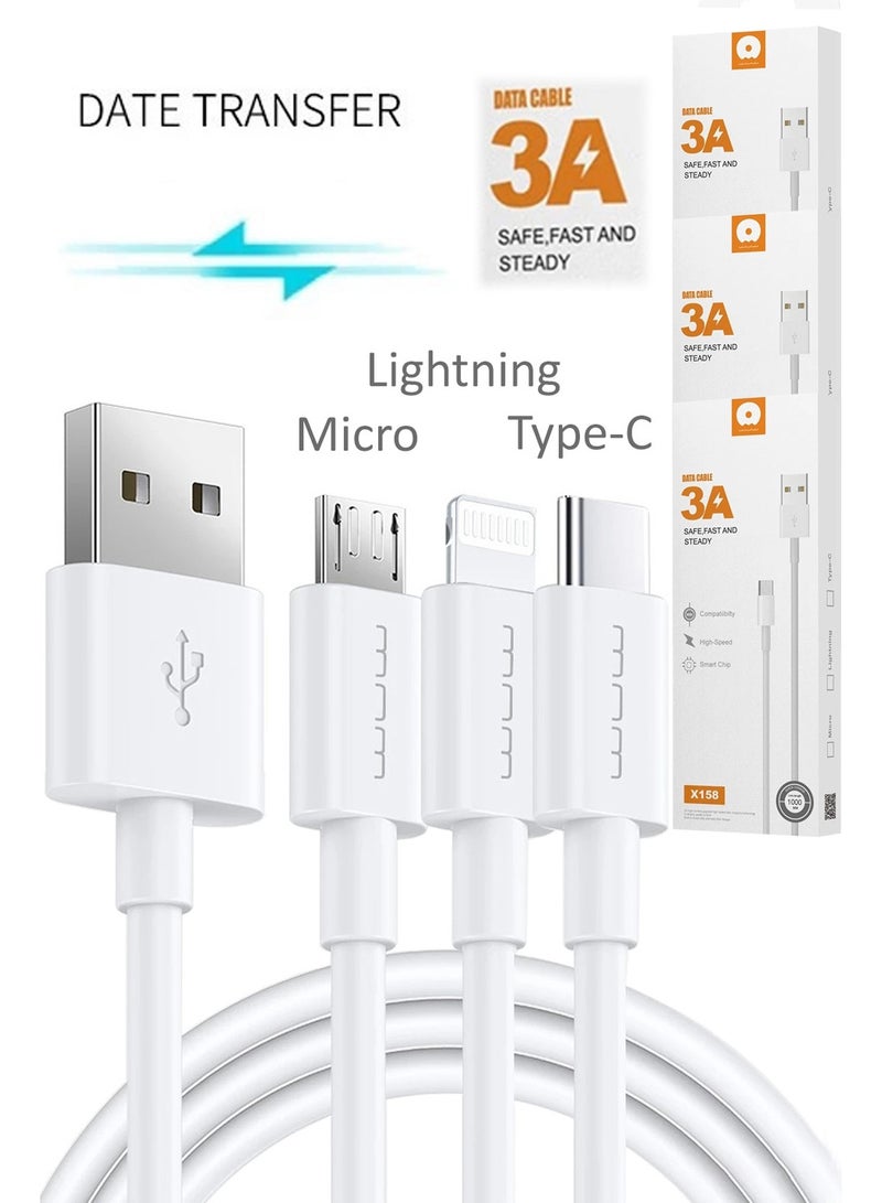 WUW 3A USB to USB-C/Lightning/Micro-USB Fast Charging and Data Transfer/Sync Cables for Smartphones, iPad & Tablet, Macbook & Laptop, Mobile Accessories, Electronics & Digital Devices, White (3 items Bundle) - Image 1