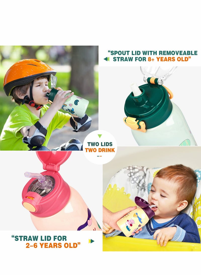 SYOSI 16oz Insulated Water Flask for Kids, Kids Inuslated Sport Water Bottle With Straw, Two Lids 316 Stainless Steel Water Bottles, Water Bottle Kids with Bottle Cover and Strap (Green)  - Image 3