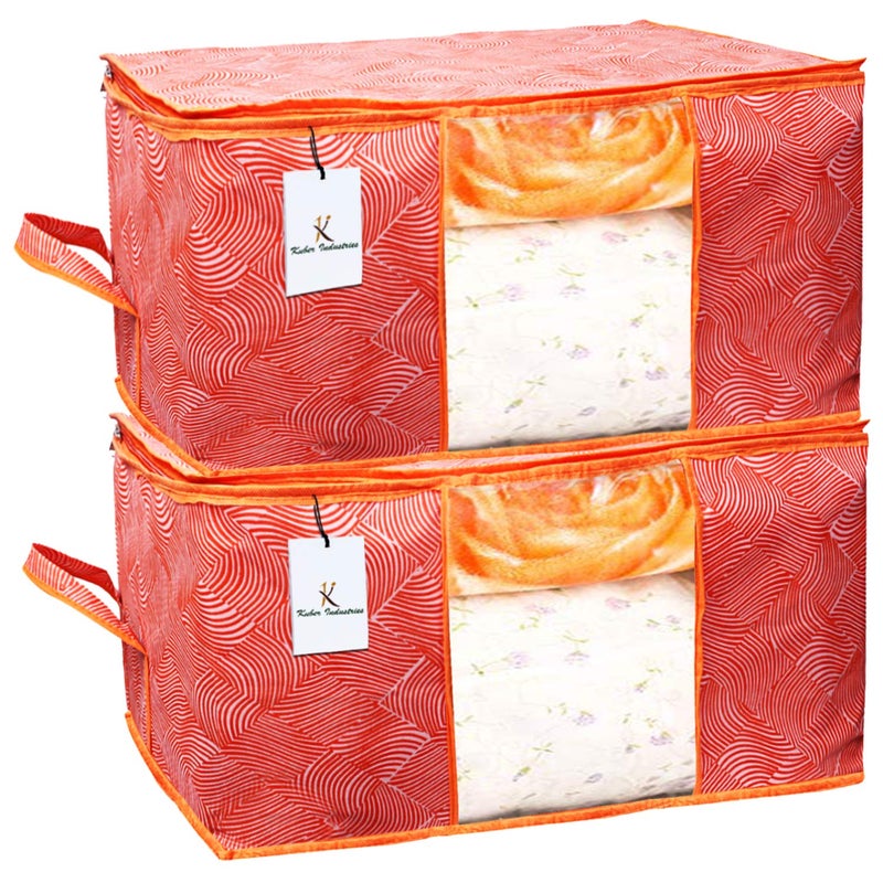 Kuber Industries Leheriya Design Rectangular Underbed Storage Organizer Blanket Cover Orange Extra Large Size Set of 2 - Image 1
