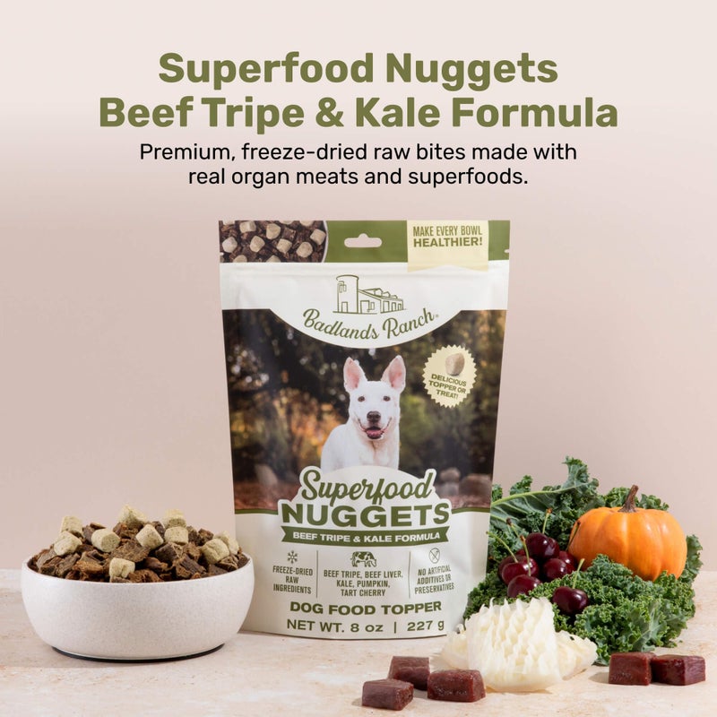 BADLANDS RANCH Superfood Nuggets â€“ Freeze-Dried Raw Dog Treat & Food Topper, Nutrient-Dense Beef Tripe & Kale Formula, High Protein, No Artificial Additives, 8oz Bags (4-Pack Bundle) - Image 1