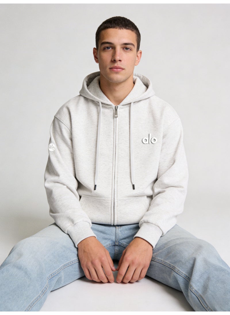 Alo Yoga Men’s Heather Light Gray Full-Zip Hoodie - Image 1