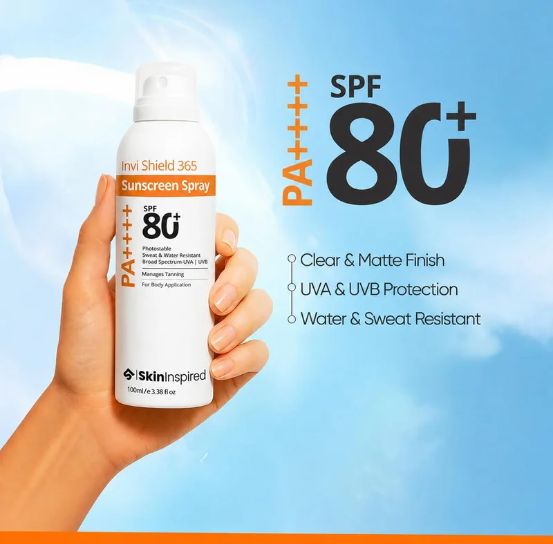 مستوحى من البشرة SkinInspired Invi Shield 365 Body Sunscreen Spray SPF 80+ PA++++ | Ultra-Light, Quick-Absorbing, Non-Greasy Sun Protection | No White Cast, Water & Sweat Resistant | Broad Spectrum UV & Blue Light