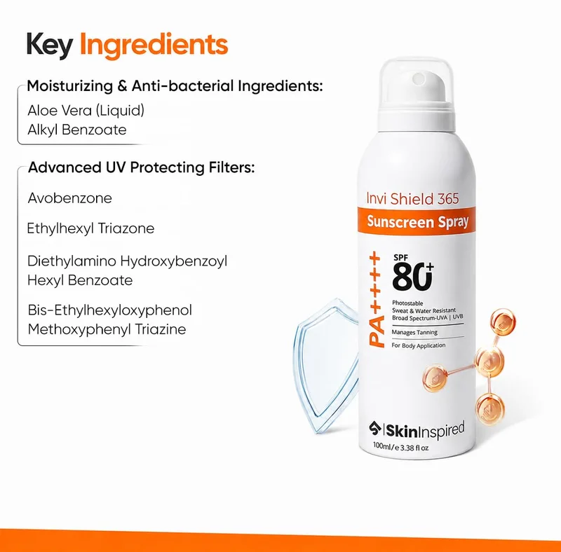 Skininspired InviShield Sunscreen Spray 100ml SkinInspired Invi Shield 365 Body Sunscreen Spray SPF 80+ PA++++ | Ultra-Light, Quick-Absorbing, Non-Greasy Sun Protection | No White Cast, Water & Sweat Resistant | Broad Spectrum UV & Blue Light  | Best Price UAE