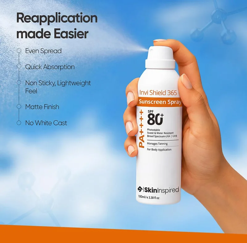 Skininspired InviShield Sunscreen Spray 100ml SkinInspired Invi Shield 365 Body Sunscreen Spray SPF 80+ PA++++ | Ultra-Light, Quick-Absorbing, Non-Greasy Sun Protection | No White Cast, Water & Sweat Resistant | Broad Spectrum UV & Blue Light  | Best Price UAE