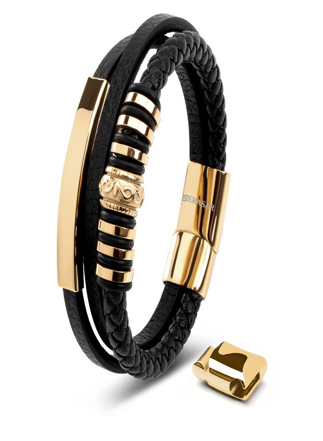 SERASAR Mens Bracelets 23cm Gold Gift Box Genuine Leather Cowhide Braided Adjust Able Magnetic Clasp Multi Layer Wrap Jewellery Rope Man Mans Male Boy Boys Band Jewelry Accessories - Image 1