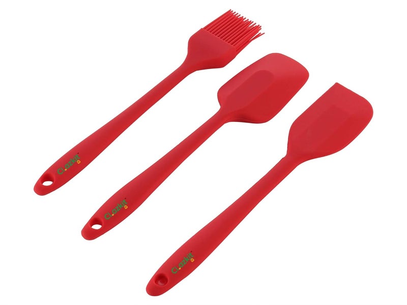 Clazkit Clazkit Premium Silicone NonStick Spatula and Brush with Scraper for Cooking Baking and Mixing with Stainless Steel Core 3PiecesRedLength 215 cm - Image 1