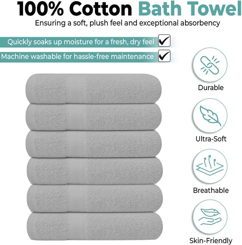 KAHAF COLLECTION Pack of 6 Bath Towels 27 x 54 Inches, 100% Cotton, Larger & Lighter Weight, Quicker to Dry, Super Soft and Absorbent, Perfect for Bathroom (Light Grey, Pack of 6 (27''x54'')) - Image 2