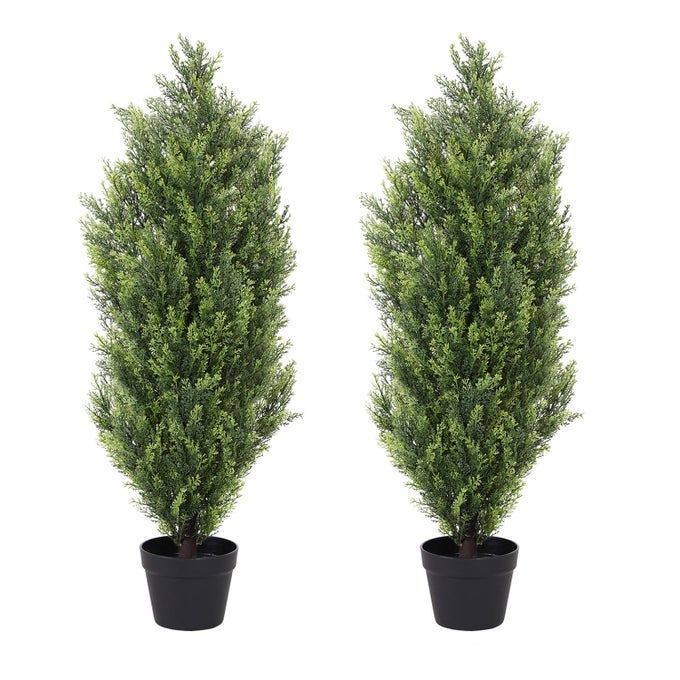 3FT TOPIARY TREES ARTIFICIAL OUTDOOR 2 PACK UV RESISTANT FAUX CEDAR PINE CYPRESS BUSHES AND SHRUBS FAKE POTTED PLANTS FOR FRONT PORCH OUTSIDE PLANTER PATIO DECOR SET OF 2 3 FOOT