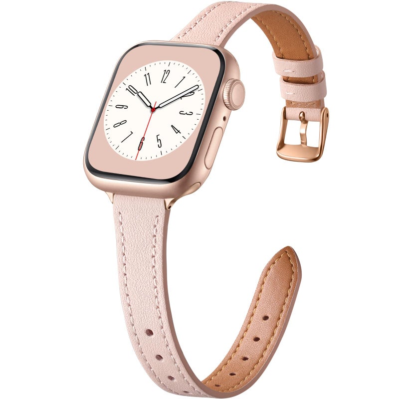 Charlam Slim Leather Band Compatible with Apple Watch Band 40mm 38mm 41mm 42mm 44mm 45mm 46mm Women, Top Grain Genuine Leather Strap Thin Wristband for iWatch Series 11 10 9 8 7 6 5 4 3 2 1 SE 3,Pink - Image 1