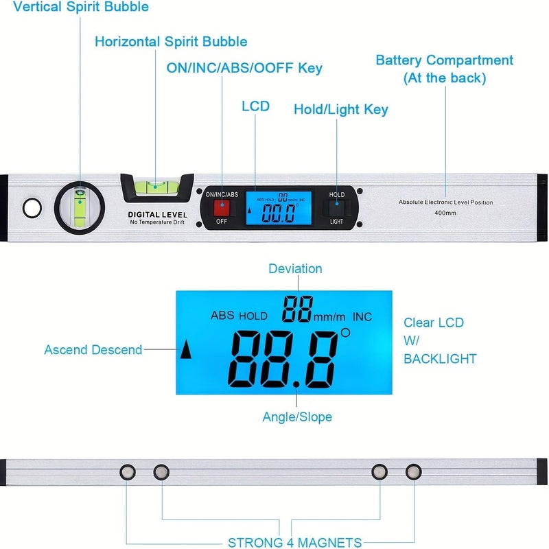 400MM Silver Digital Spirit Level Inclinometer with Magnet Backlight Dual Bubbles - Image 2