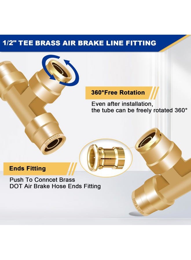 Daptemn 1/2" DOT Air Line Fittings, 3PCS Brass Air Brake Line Fitting 1/2" OD Tube Push to Connect Fittings Tee, Air Line Quick Connect Fittings Push To Connectors For Replace Semi Truck Accessories - Image 4
