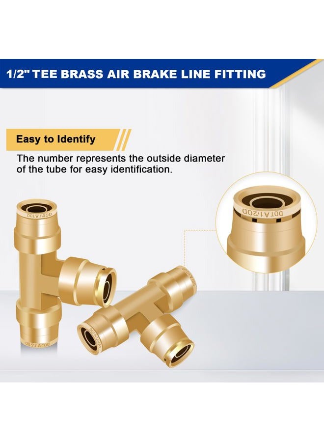 Daptemn 1/2" DOT Air Line Fittings, 3PCS Brass Air Brake Line Fitting 1/2" OD Tube Push to Connect Fittings Tee, Air Line Quick Connect Fittings Push To Connectors For Replace Semi Truck Accessories - Image 5