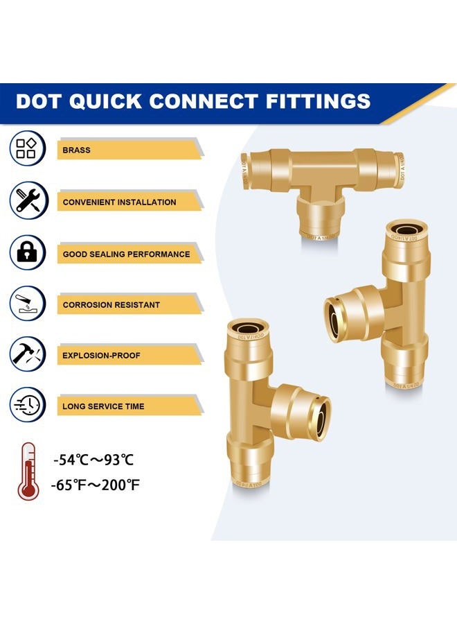 Daptemn 1/2" DOT Air Line Fittings, 3PCS Brass Air Brake Line Fitting 1/2" OD Tube Push to Connect Fittings Tee, Air Line Quick Connect Fittings Push To Connectors For Replace Semi Truck Accessories - Image 3