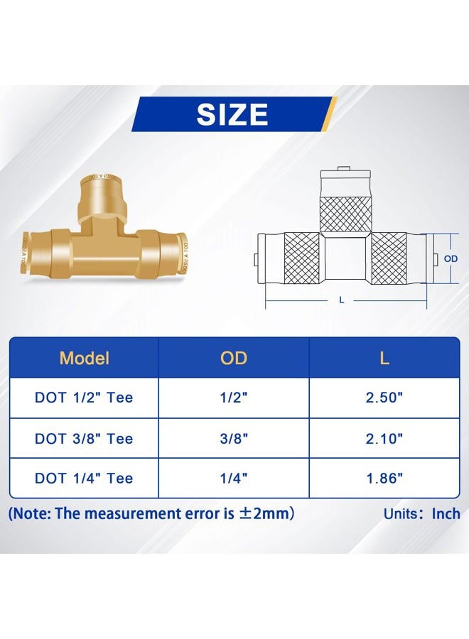 Daptemn 1/2" DOT Air Line Fittings, 3PCS Brass Air Brake Line Fitting 1/2" OD Tube Push to Connect Fittings Tee, Air Line Quick Connect Fittings Push To Connectors For Replace Semi Truck Accessories - Image 2