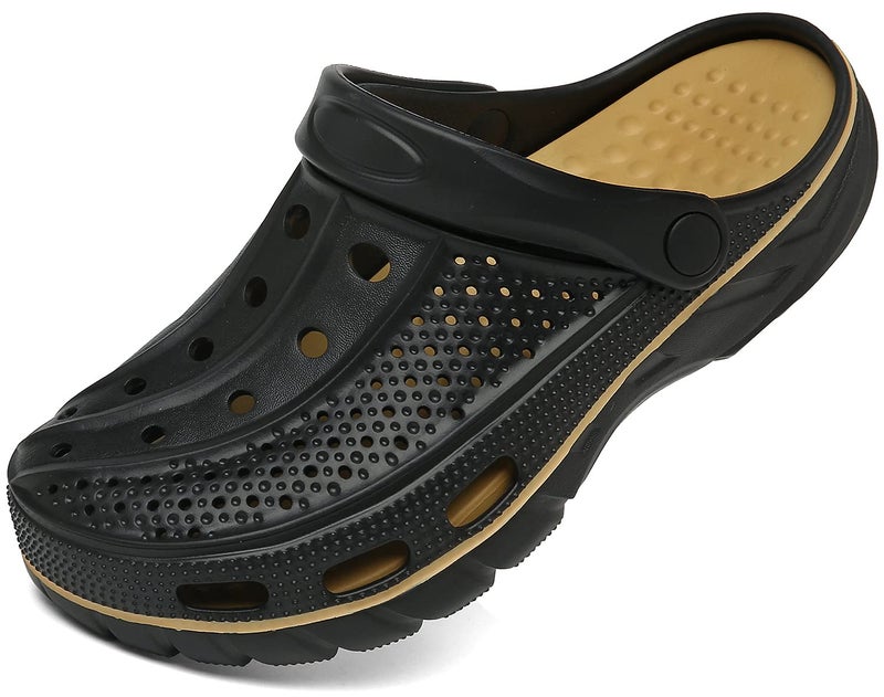 ChayChax Men's and Women's Arch Support Clogs Garden Shoes Slip-on Outdoor Beach Slippers with Removable Cushion Footbed, Black Gold, 12-13 Women/10.5-11.5 Men - Image 1
