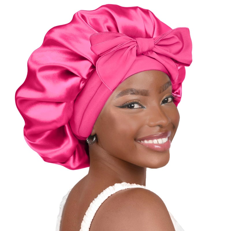 YANIBEST Silk Bonnet for Sleeping Women Adjustable Double Layer Satin Bonnet Reduce Friction Prevent Frizz Natural Curly Hair, Hot Pink - Image 1