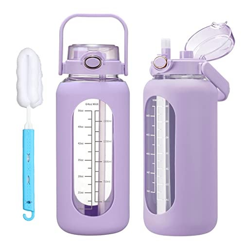 chunmo 64oz Glass Water Bolttles with Straw Half Gallon Large Motivational Water Bottle with Time Marker Sports Water Bottles with Silicone Sleeve and Handle Lid Water Jug for Gym Workout