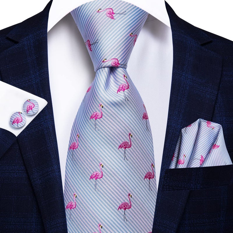 Hi-Tie Men Ties Sets Silk Stripe Paisley Necktie Pocket Square Cufflinks for Business Wedding,Light Baby Blue - Image 3